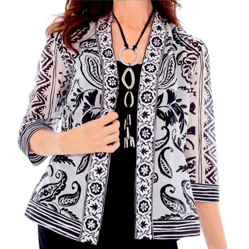 Black White Paisley Open Front Lightweight Kimono Blazer NEW
